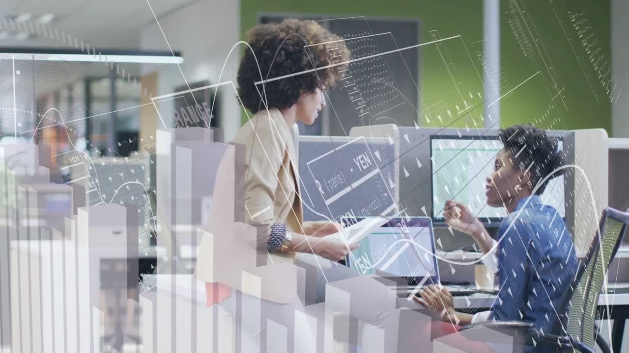 colleague approaching desk showing report guiding data analytics, woman typing while sipping coffee