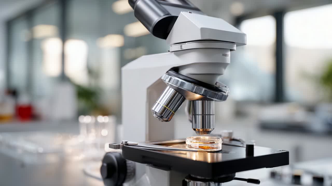 A high-resolution microscope positioned in a modern laboratory setting showcases its advanced features, focusing on a glass slide containing a specimen, ideal for scientific research and discovery