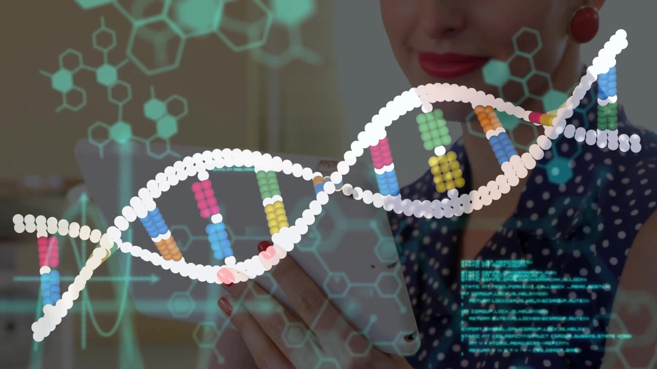 Woman tapping white tablet and presenting biotech concept, revealing DNA helix overlaying hands