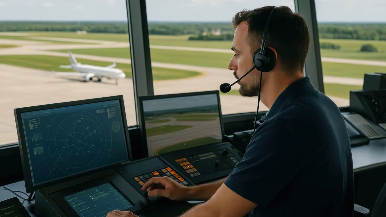 Side view of an air traffic controller in a tower, focused on screens with radar and runway views