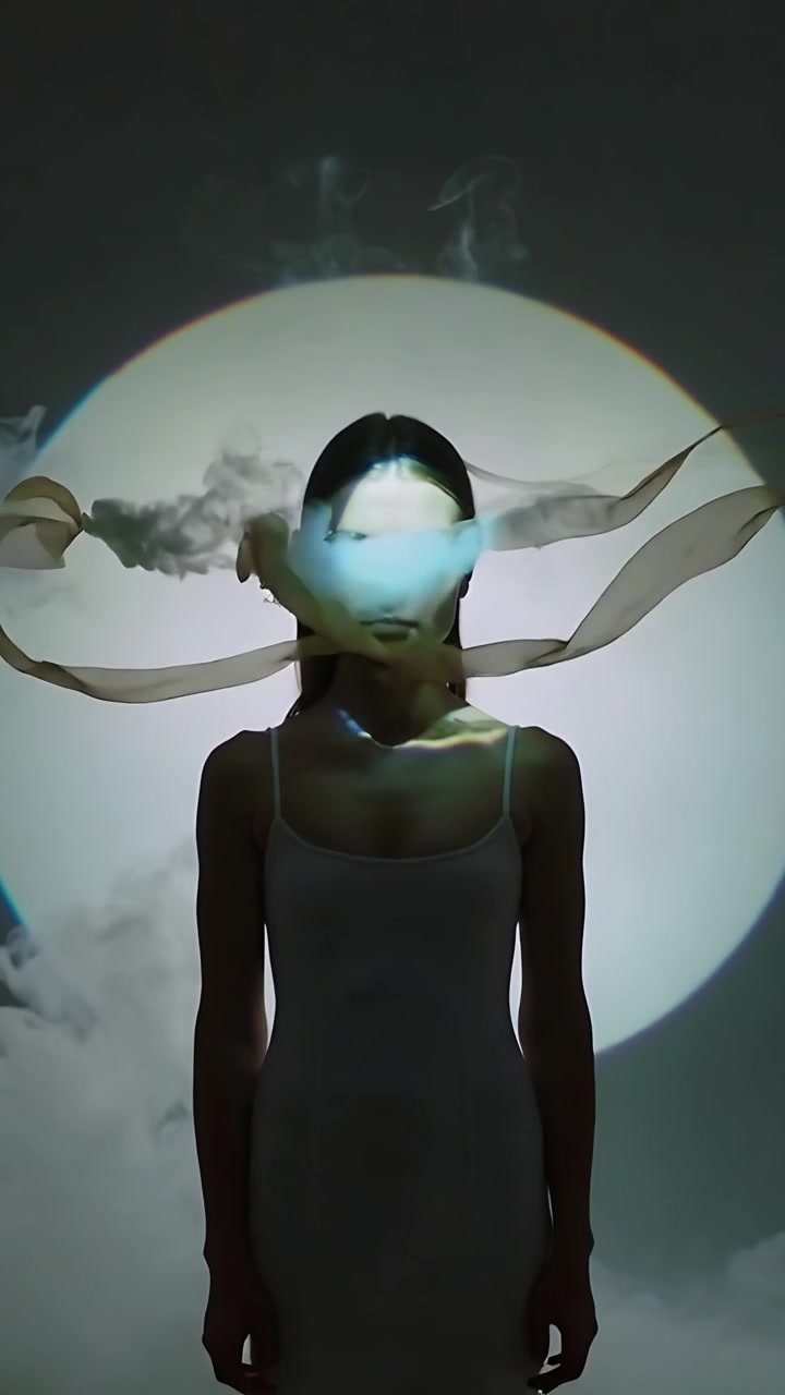 Video verticale: Modella di fronte in canotta, occhi chiusi sul set, luci che proiettano nastri, nebbia, alone artistico.