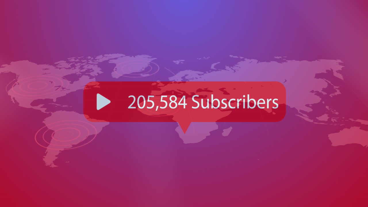 animación del aumento de los suscriptores en la burbuja de voz sobre el mapa del mundo en fondo de gradiente púrpura