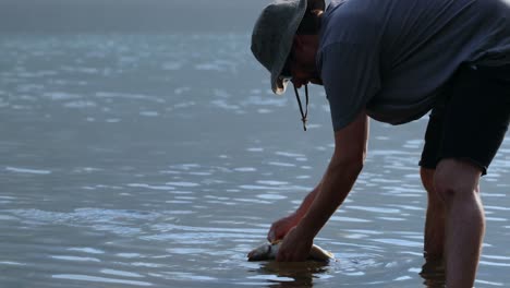 fisherman cleaning a dead fish in the river 4k