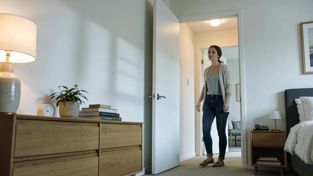 Donna in cardigan e jeans che apre la porta, regola il sensore a soffitto per la luce del corridoio ed entra in camera da letto
