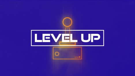 Animation-Von-Level-Up-Text-über-Neon-Joystick-Auf-Blauem-Hintergrund