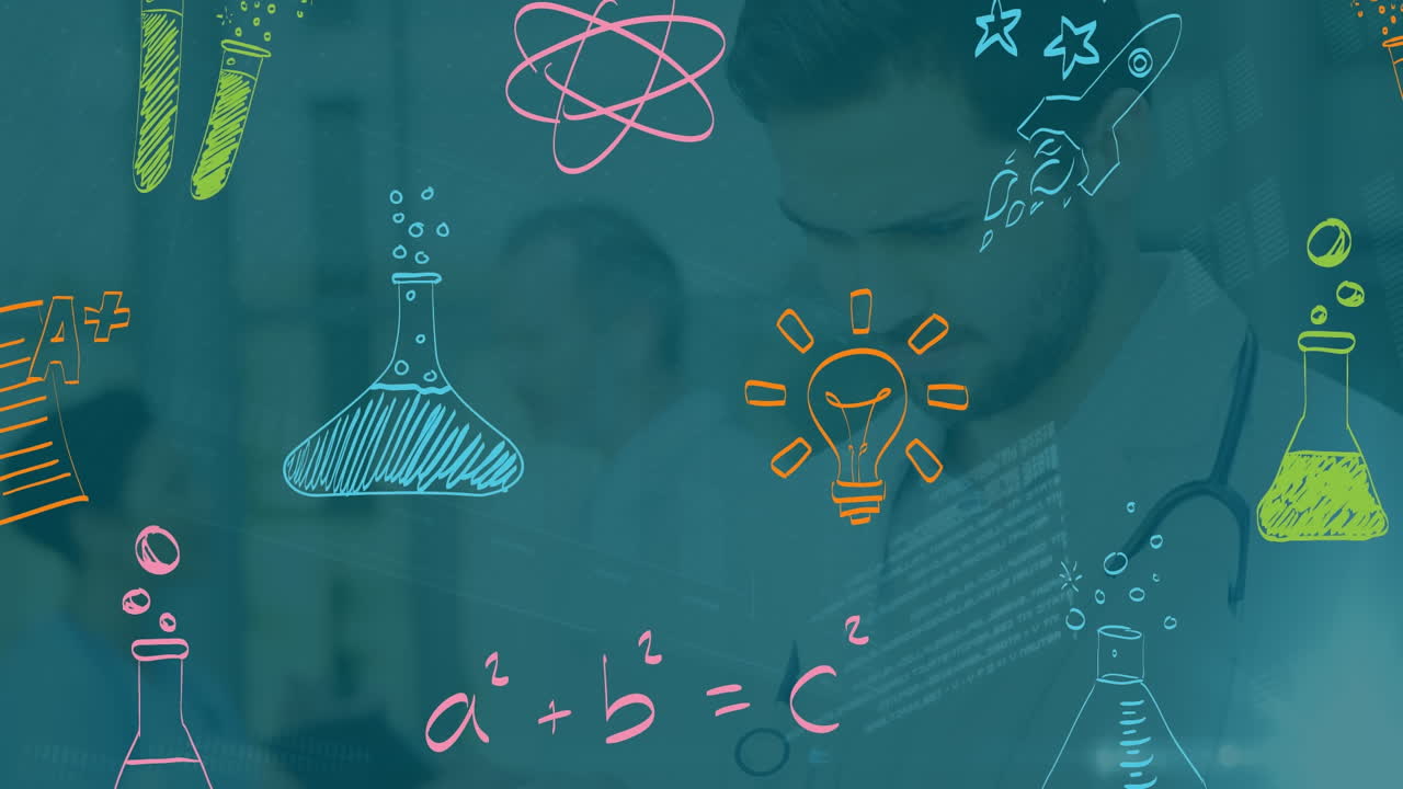 데이터 처리 및 의학 아이콘의 애니메이션 백인 남성 의사