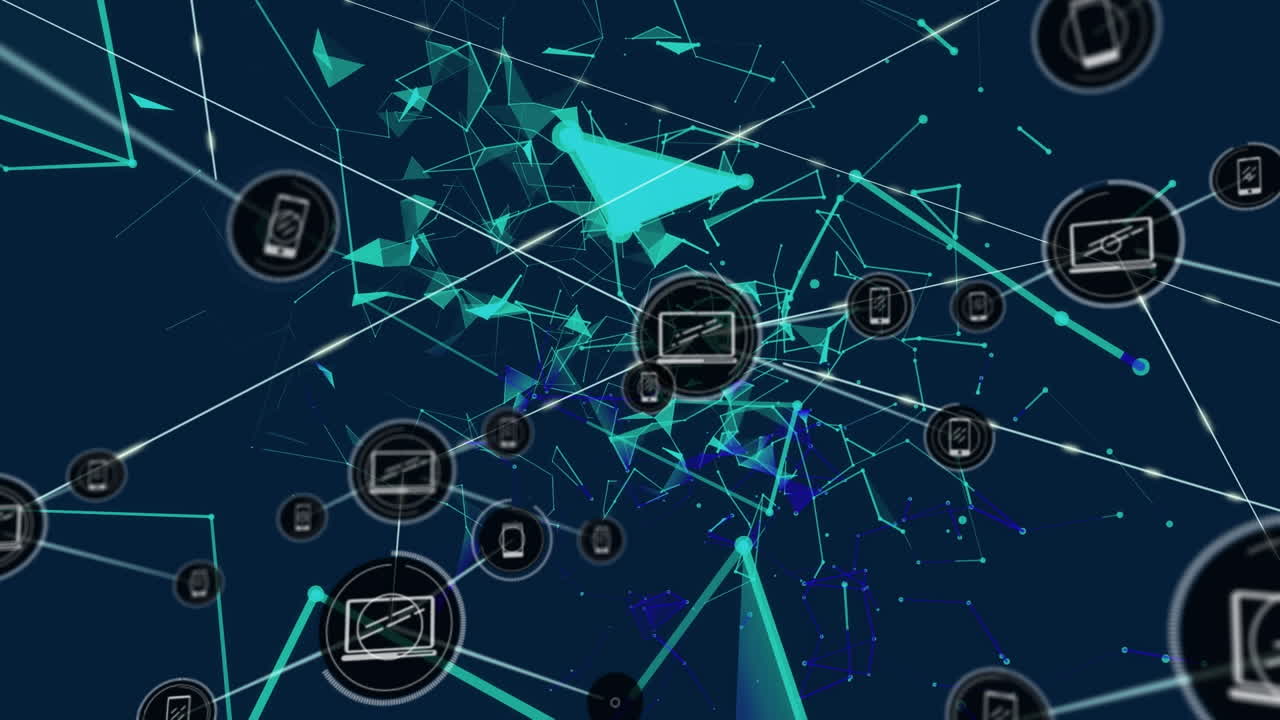 animación de la red de conexiones con iconos sobre las conexiones azules