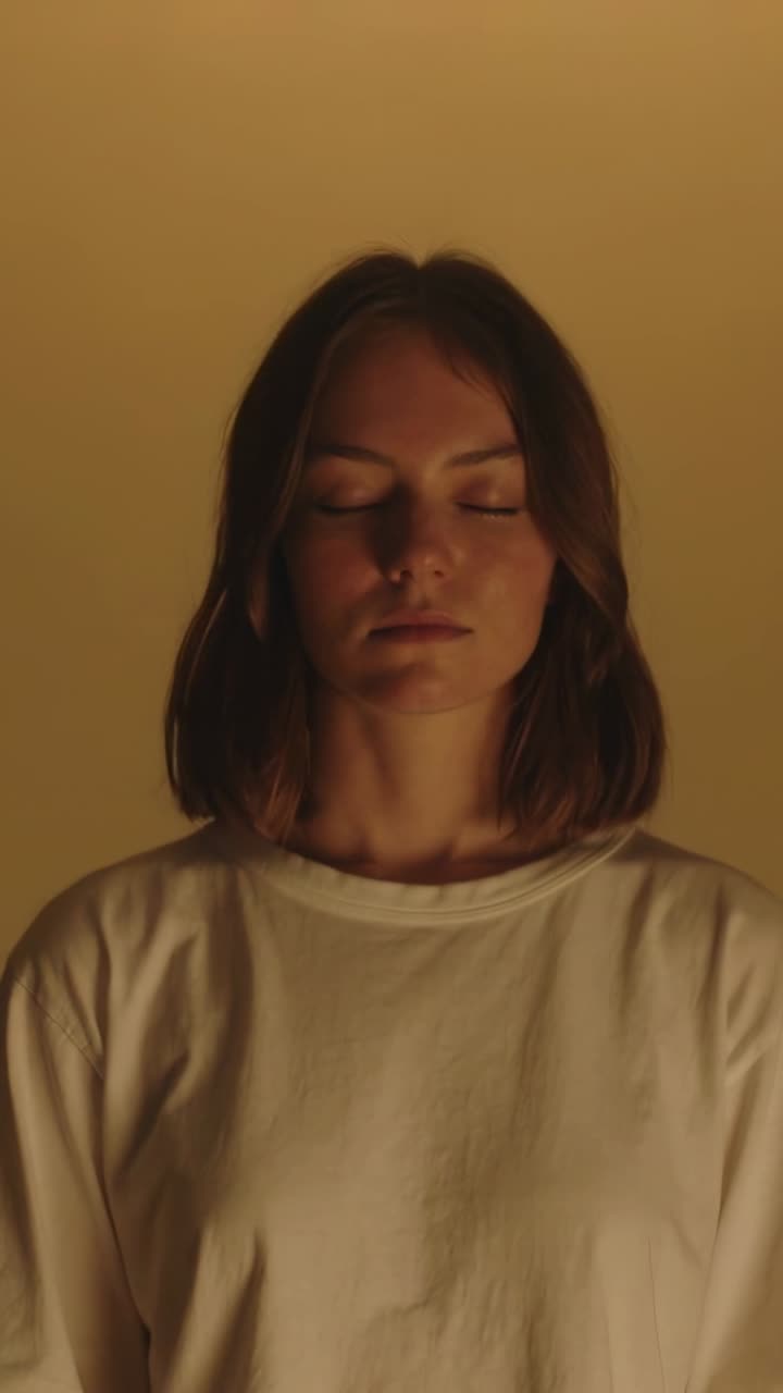 Vertical video: Ramping warm key light illuminating woman closing eyes in studio with white tee