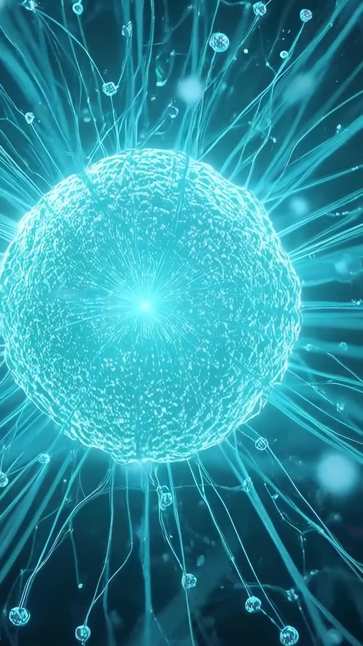 Video verticale: La telecamera zooma su una sfera luminosa che pulsa con raggi che trasportano nodi alla deriva in un vuoto ciano.