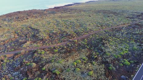 Lonely-vehicle-driving-off-road-near-coastline-of-Lanzarote-island,-aerial-view