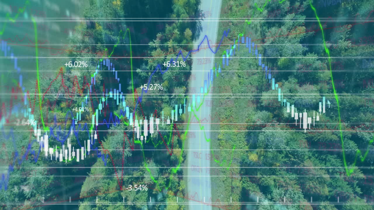 Forest canopy being overlaid with animated candlestick charts, showing road cutting through trees