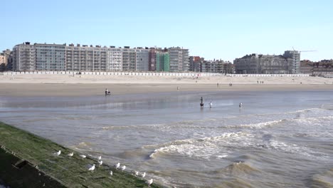 buildings, sea-side promenade with tourists in the coastal town of nieuwpoort, belgium at daytime - static shot