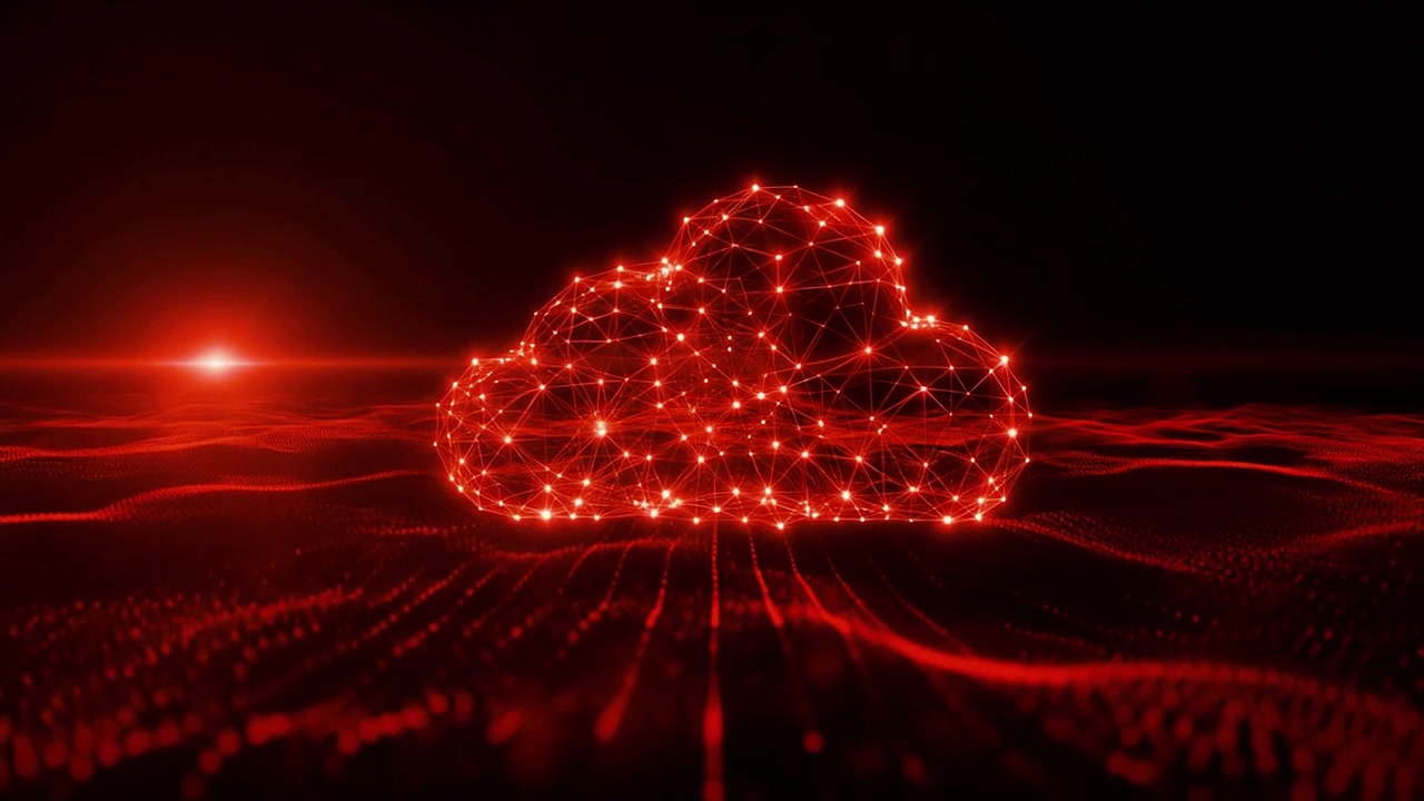 Red Glowing Polygonal Cloud Computing Icon with Digital Data Flow