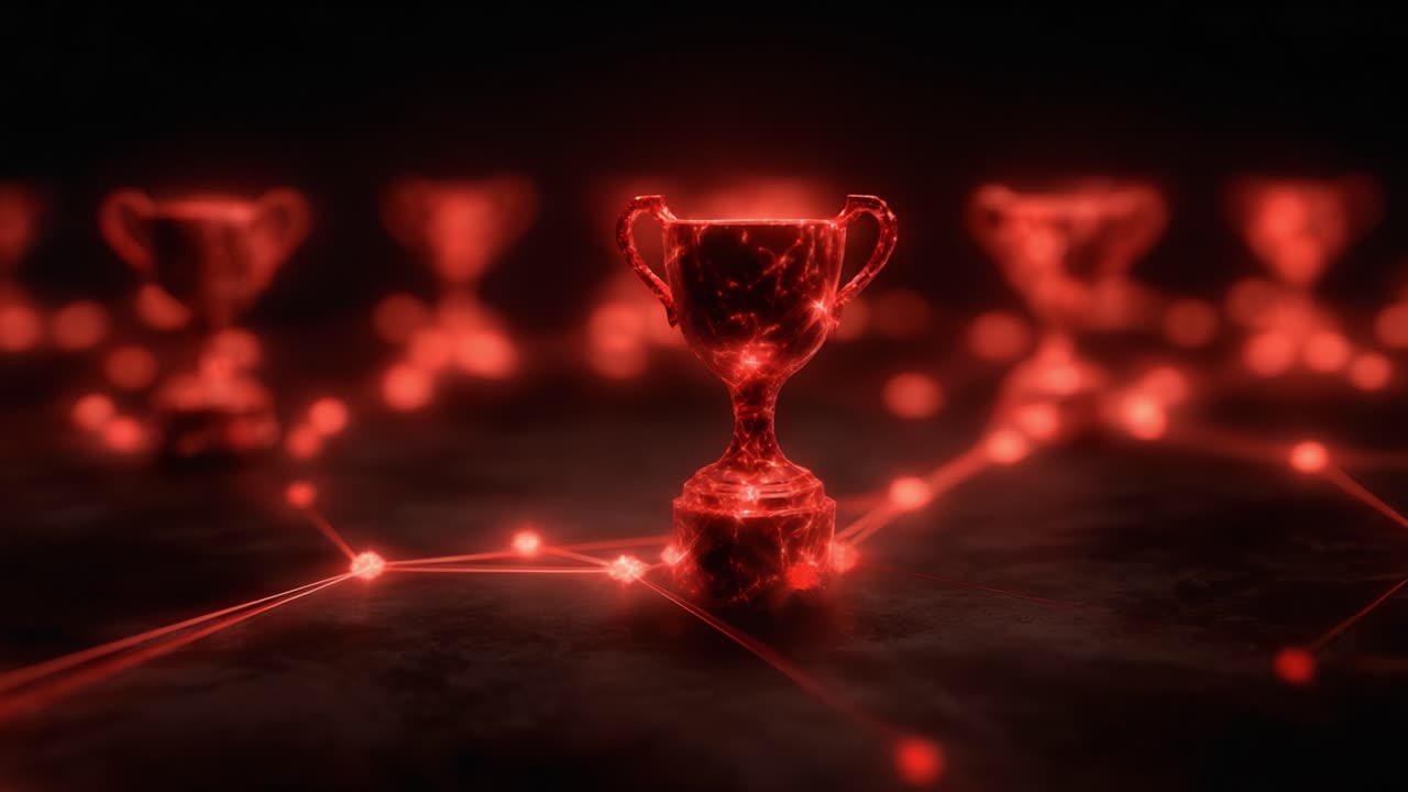 Illuminated Red Trophies Set Against a Dark Background, Symbolizing Achievement and Competition in a Digital Network of Connection and Success