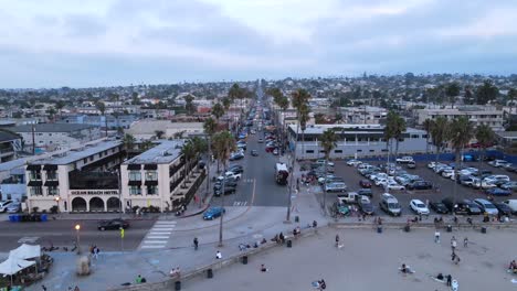 aerial over community of ocean beach at dusk san diego california