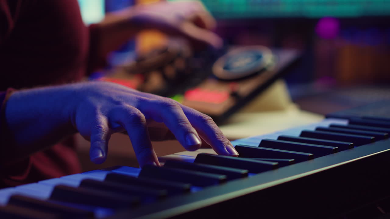 artista experto tocando el teclado del piano y grabando sonidos en el software daw