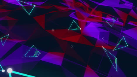 animación de triángulos brillantes sobre una red de conexiones rojas y púrpuras