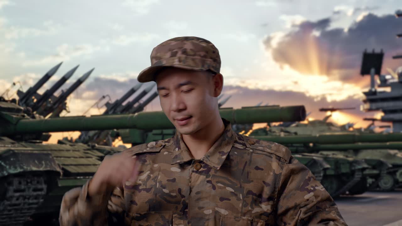 戦車と共に立っているアジア人男性兵士が汗を拭い、疲れているクローズアップ写真