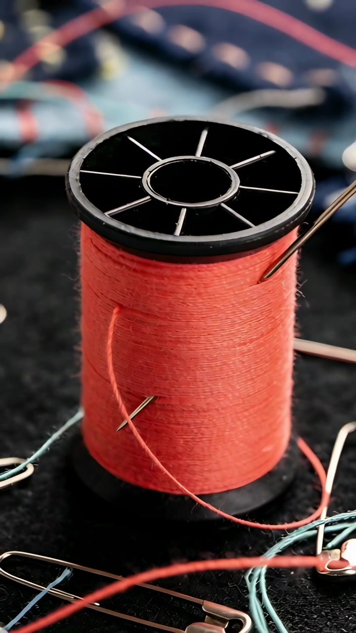 Vertical video: Camera zooming closer to plastic spool on felt for detail, orange thread and needle