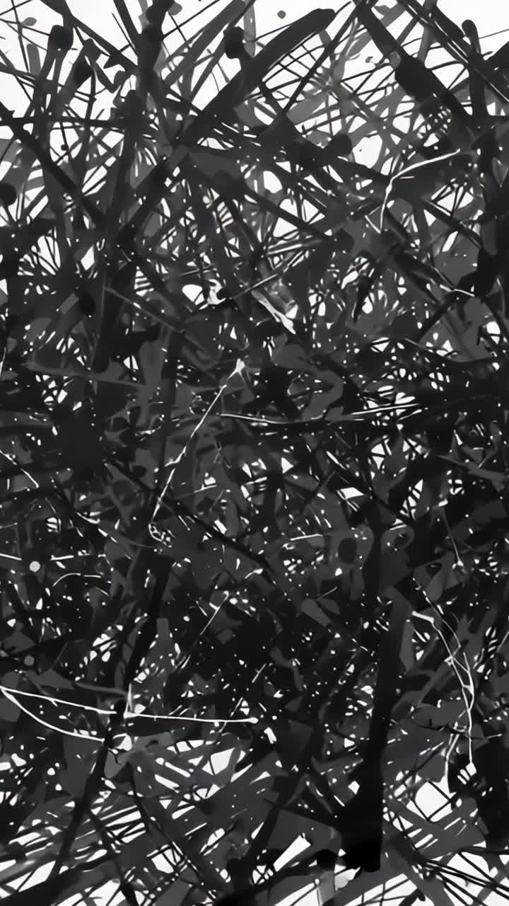 Vertical video: Displaying black brush strokes, ink splatters staying static on white canvas