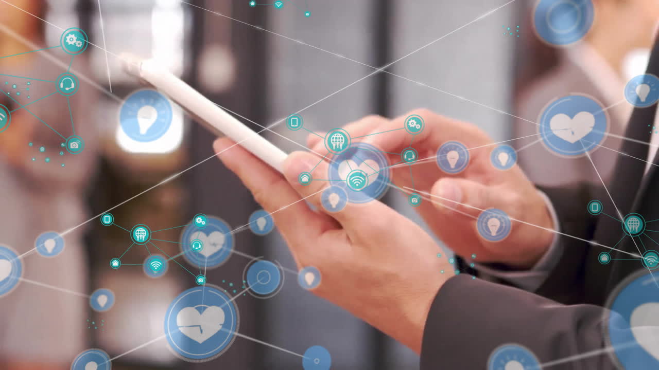 animación de una red de conexiones con iconos sobre una mujer caucásica usando una tableta