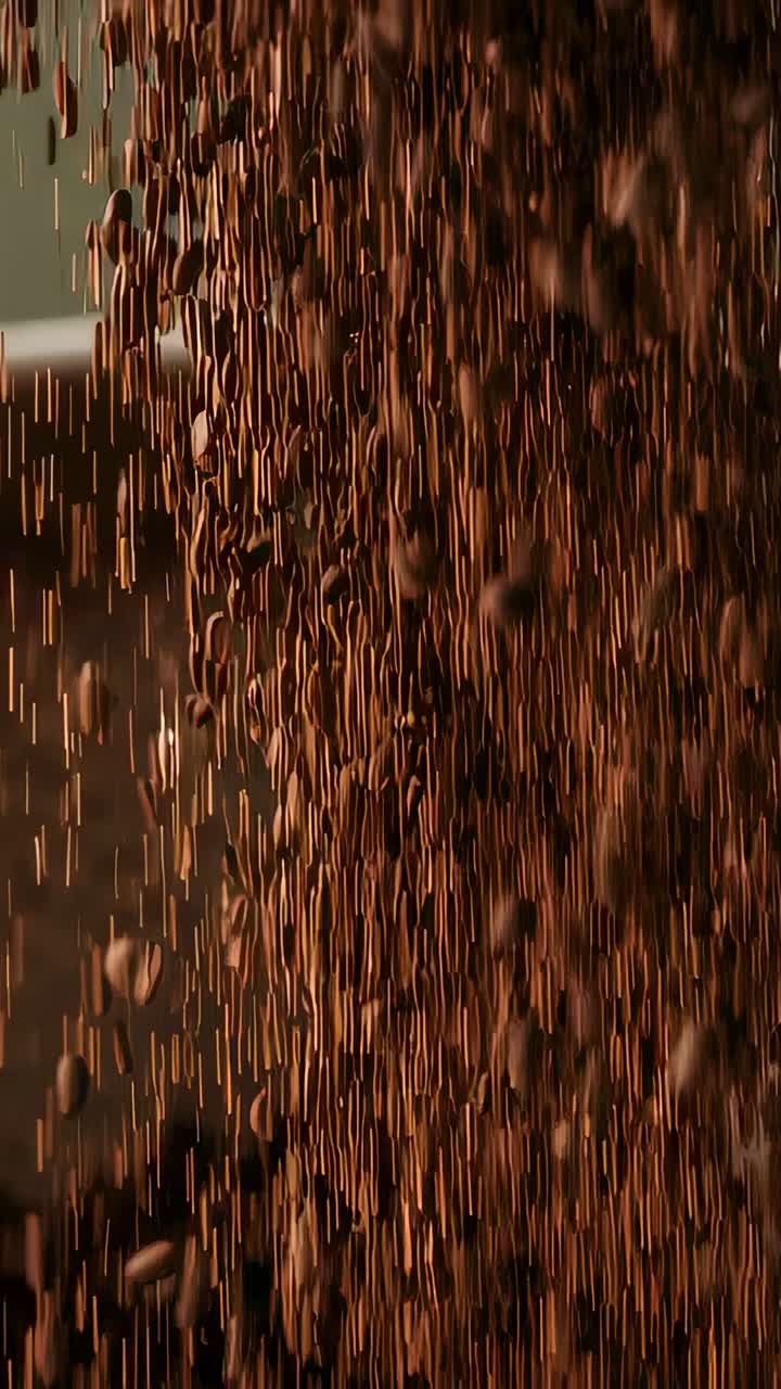 Vertical video: Pouring coffee grounds from above into mesh strainer, bowl catching dust in kitchen