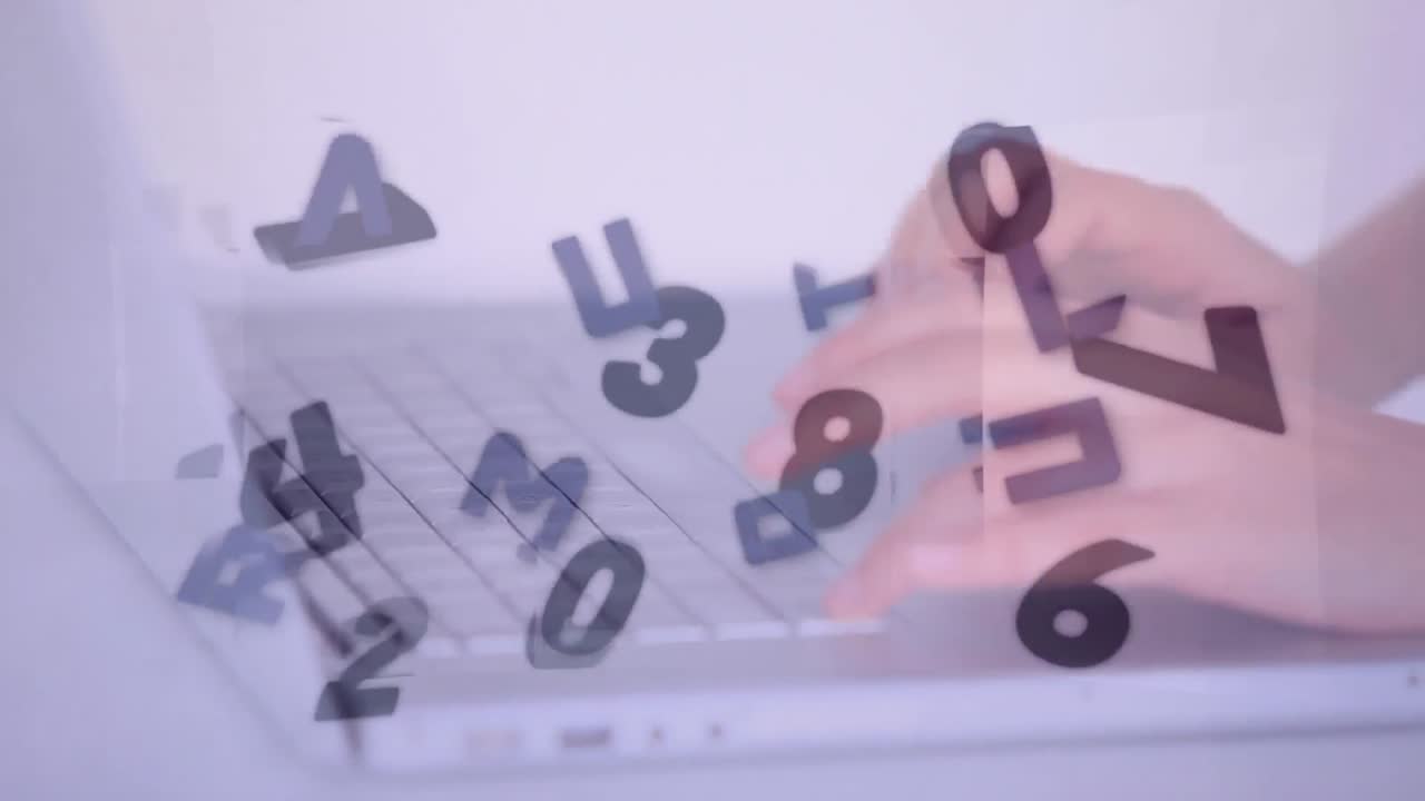 Animation of numbers and letters changing on student typing on laptop keyboard