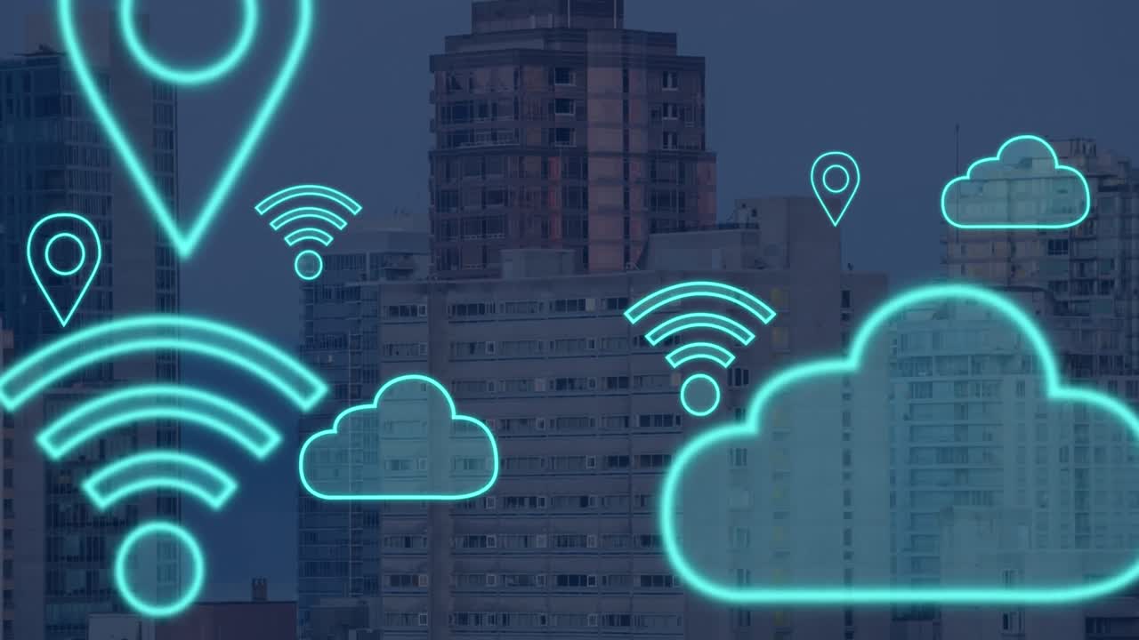 animación de nubes digitales e iconos que vuelan sobre el paisaje urbano