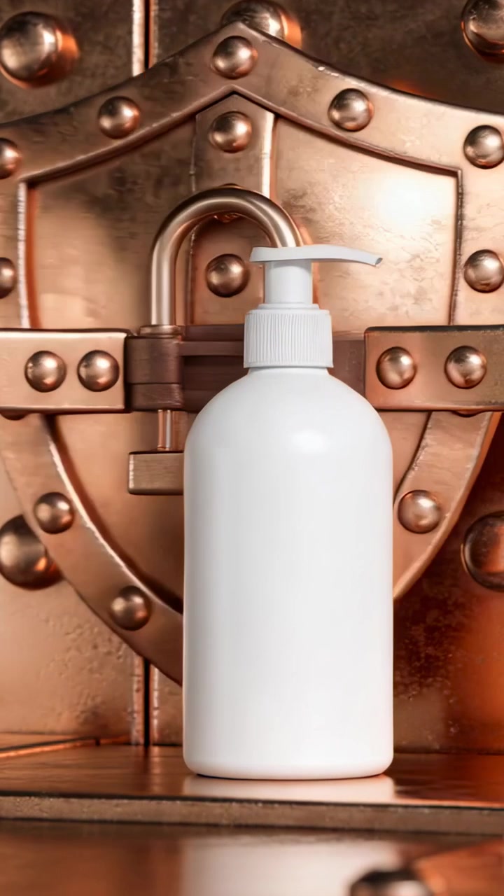 Vertical video: Sliding copper shield and lock covering white bottle on shelf to protect product