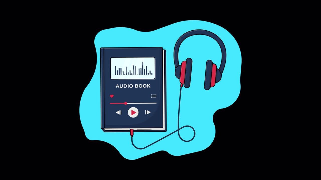 Ilustração animada de audiolivro com fones de ouvido