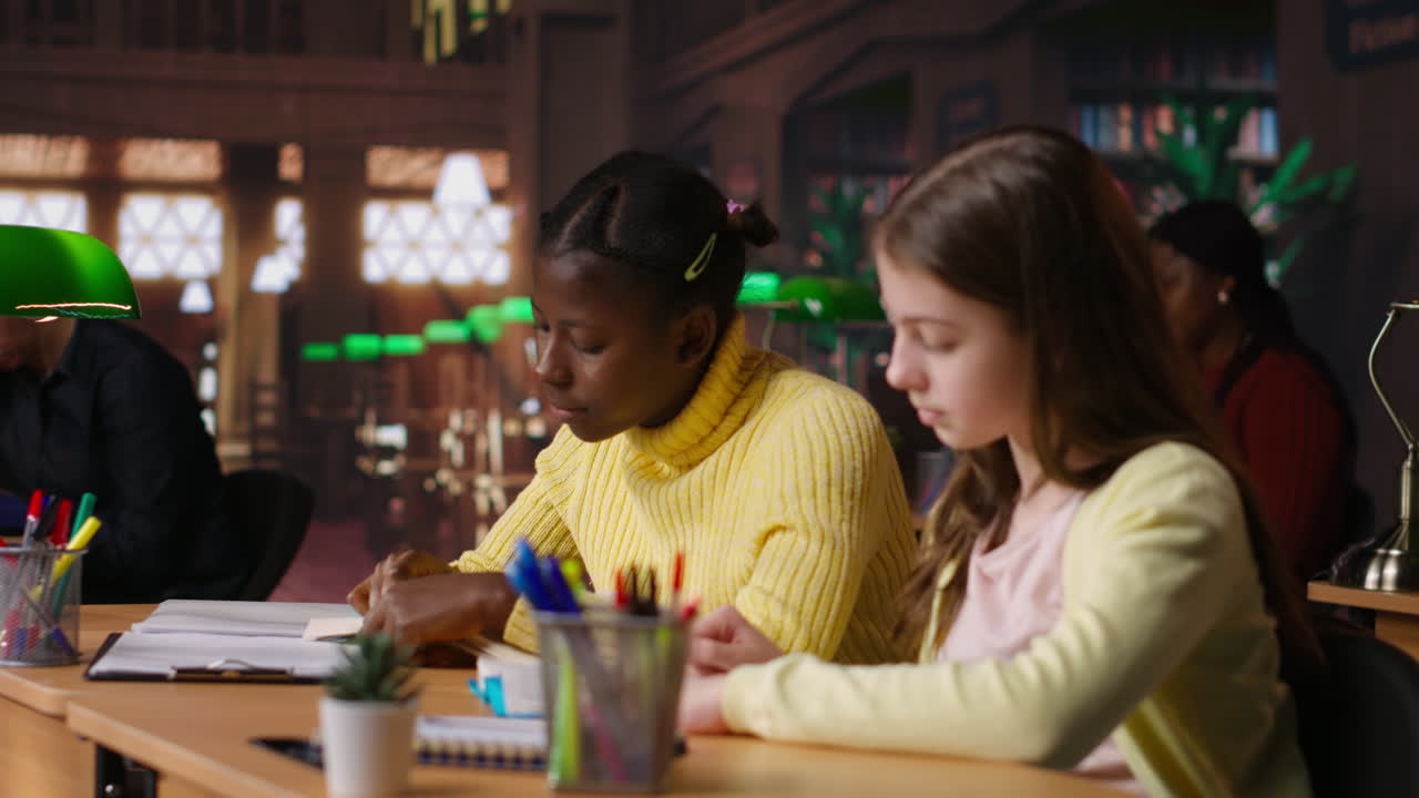 Two Girls Studying in a Library