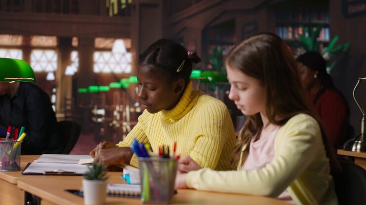 Due ragazze che studiano in una biblioteca