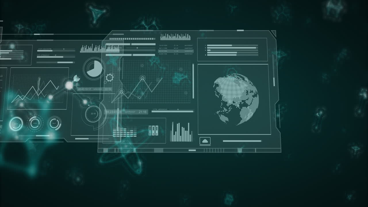 Animation of digital dashboard showing global data analytics on green background