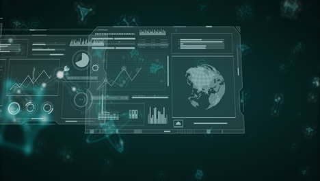 Animation of digital dashboard showing global data analytics on green background