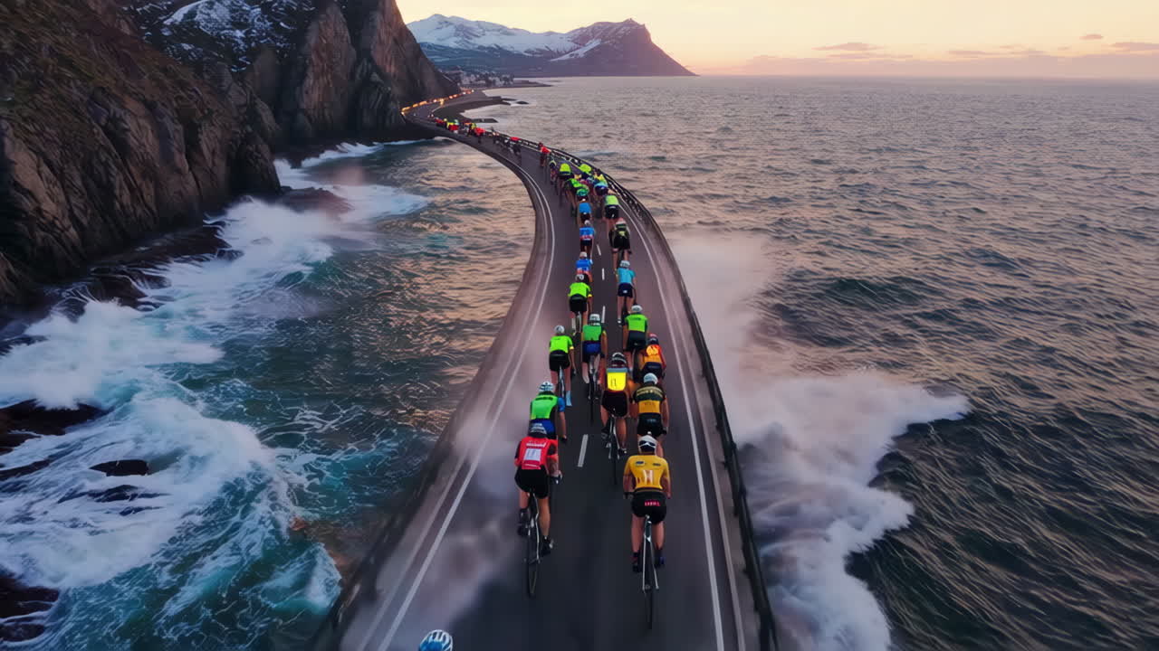 Cyclists on a coastal bridge at sunset