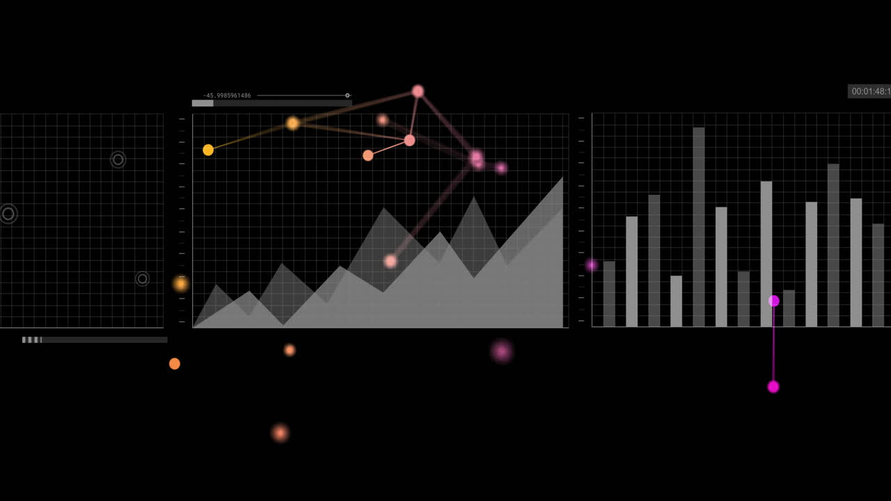 animación de gráficos y gráficos de barras sobre puntos de datos y conexiones en fondo negro