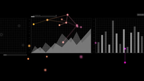 graph and bar chart animation over data points and connections on black background