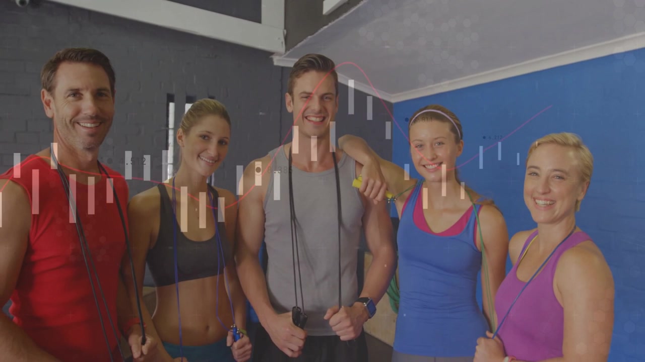 Mentre i membri si uniscono, gruppo fitness che regola le corde, con linee di allineamento animate che guidano la formazione.