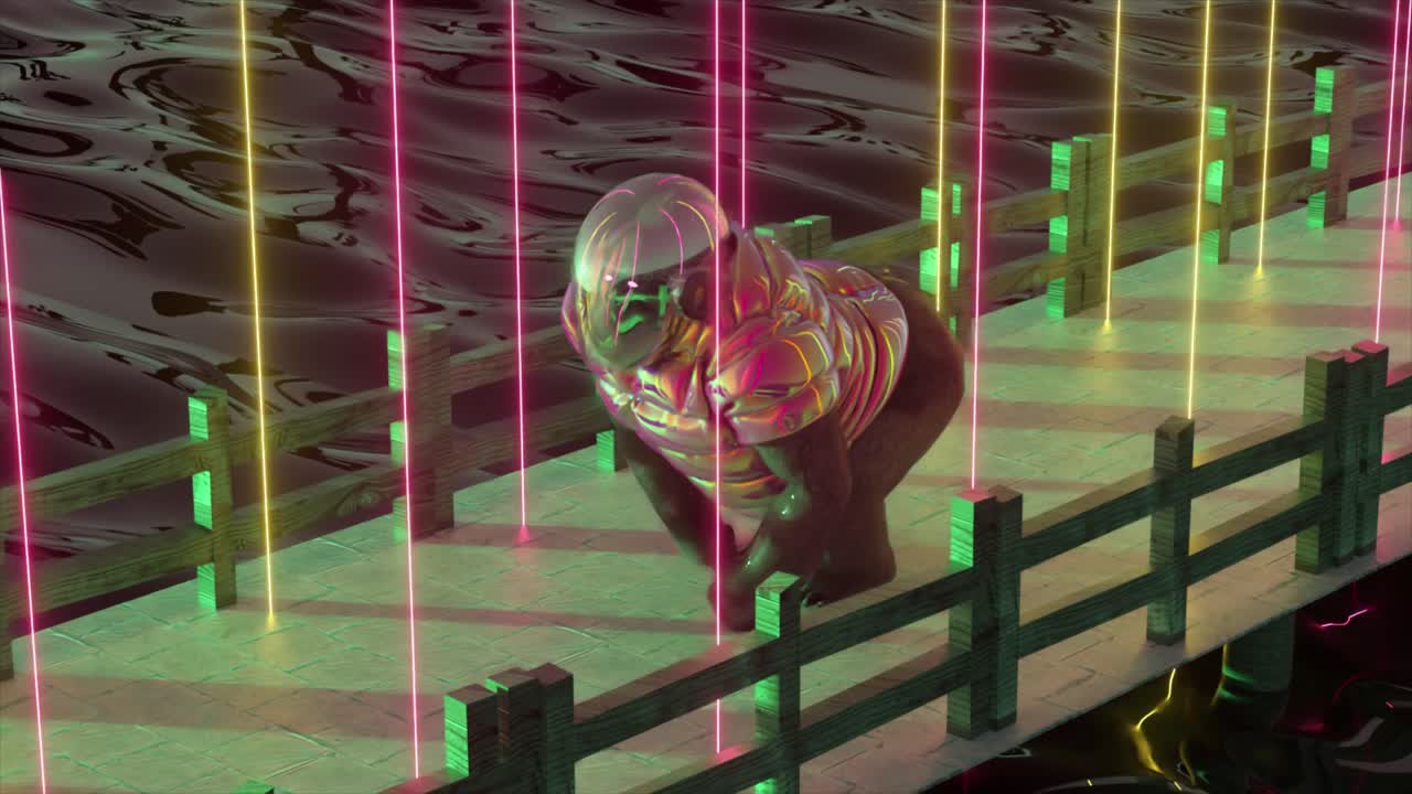 네온 다리에서 미래의 재을 입은 고릴라