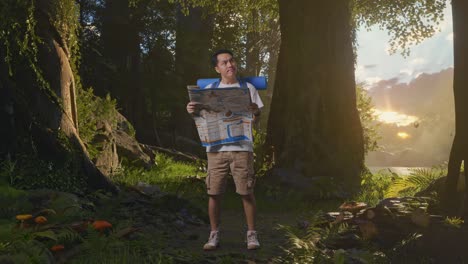 hombre caminando en el bosque con un mapa