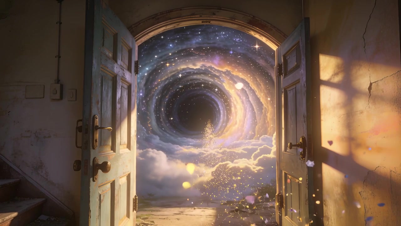 Opening weathered double doors inside aged entryway as portal brightening, petals drifting inward