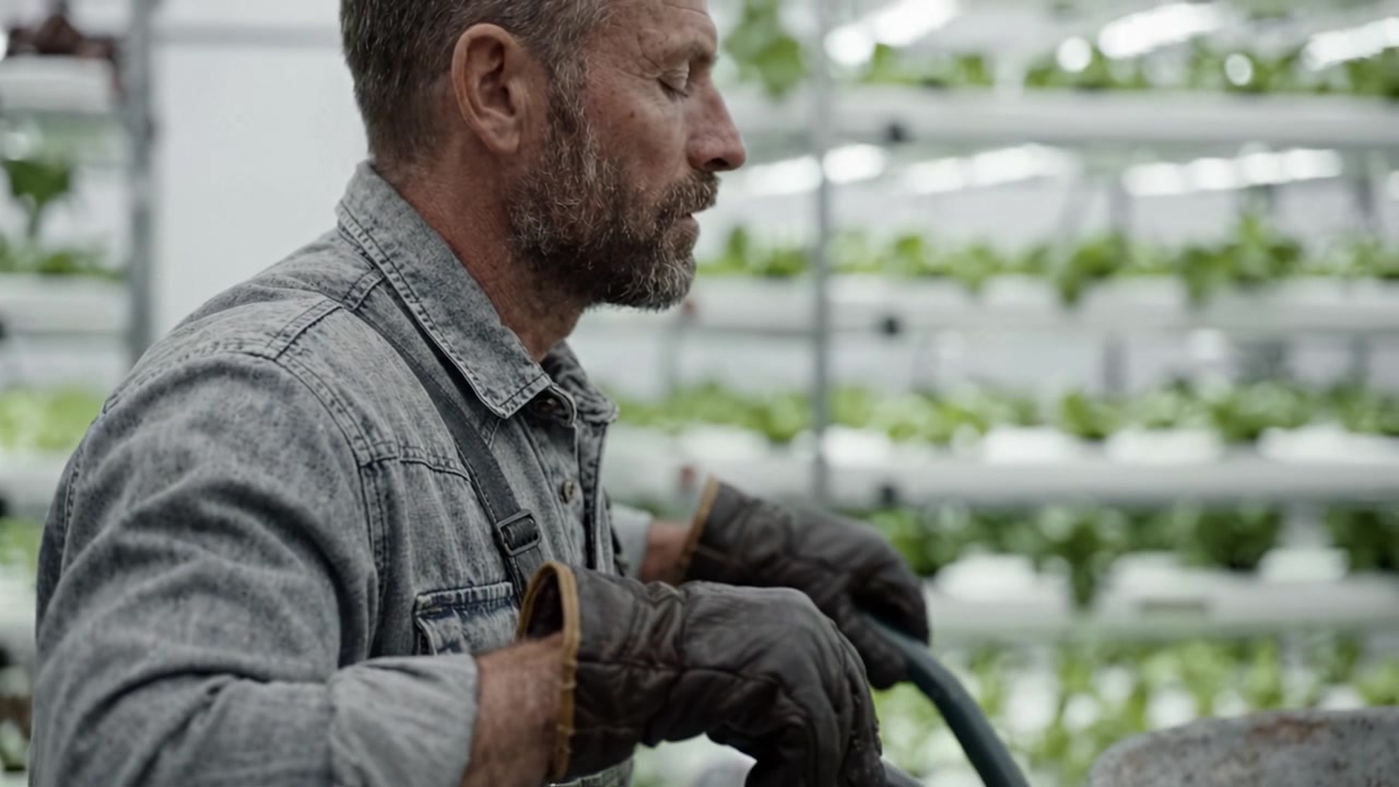 Un jardinier dévoué gère ses tâches dans une serre moderne, démontrant son engagement envers l'agriculture durable grâce à un entretien méticuleux des cultures.