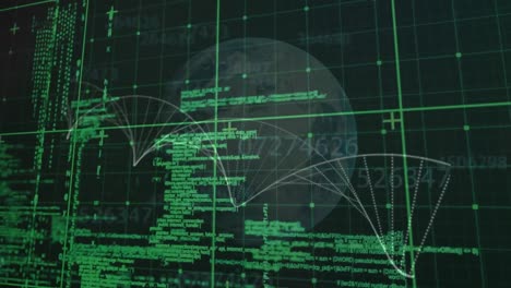 animación del globo y las partículas que forman una hélice sobre el procesamiento de datos en la cuadrícula verde