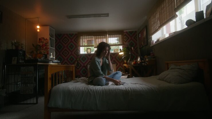 Young Woman in Bedroom Using Phone