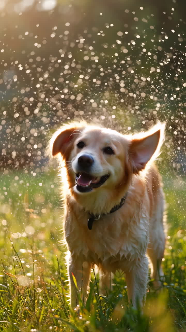 Golden Retriever enjoying a refreshing spray of water