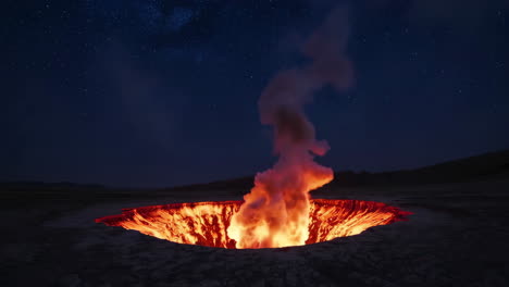 fiery volcanic eruption at night with smoke and stars