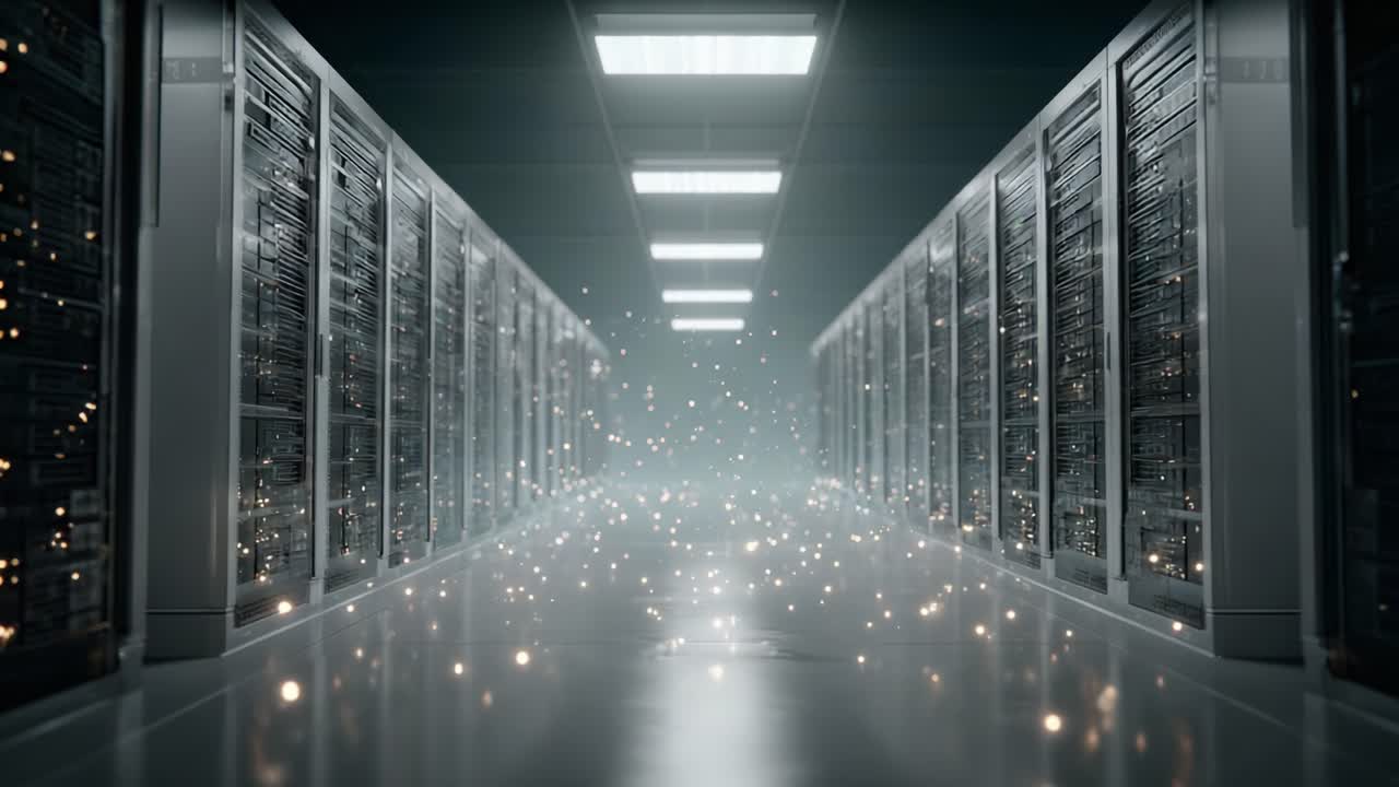 A Stunning Glimpse into a Cutting-Edge Data Center, Showcasing Rows of Server Racks Illuminated by an Ethereal Glow and Surrounded by a Mysterious Mist