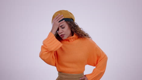 young woman, mistake and studio with slap