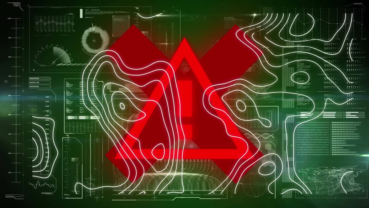 赤い警告三角形の上に動く地形図のアニメーションとインターフェースのデータ処理