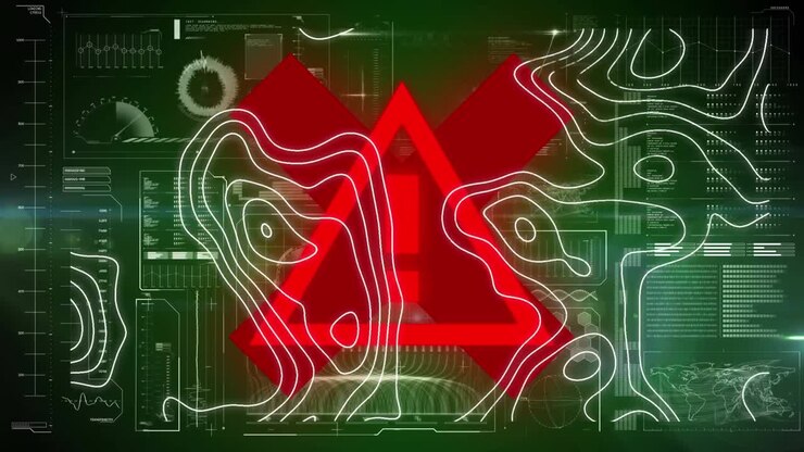 Animation of topographical chart moving over red warning triangle and data processing on interface